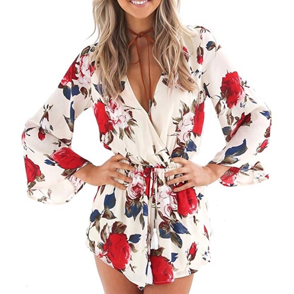 Pants - Floral Summer Romper Flare Sleeve Pleated